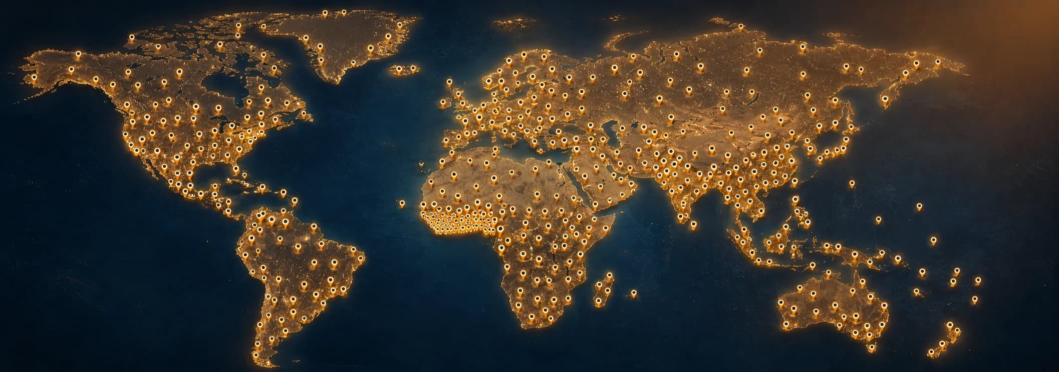 World map illuminated with connected location markers across every inhabited continent